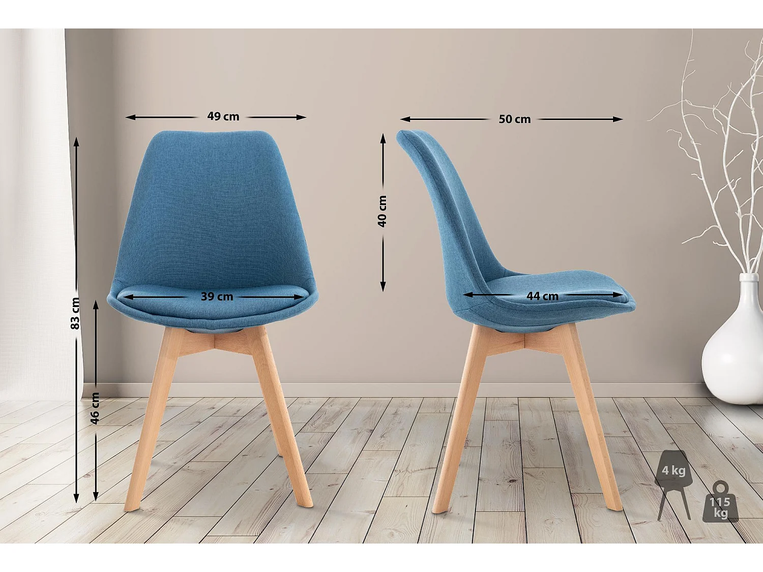 Lot de 4  chaise salle à manger - Tissu - Bleu - Linares