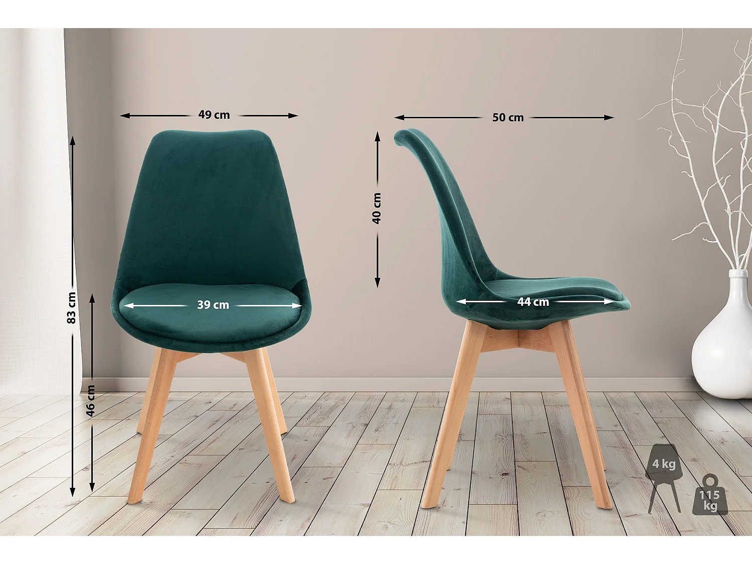 Lot de 4  chaise salle à manger - Velours - Vert - Linares