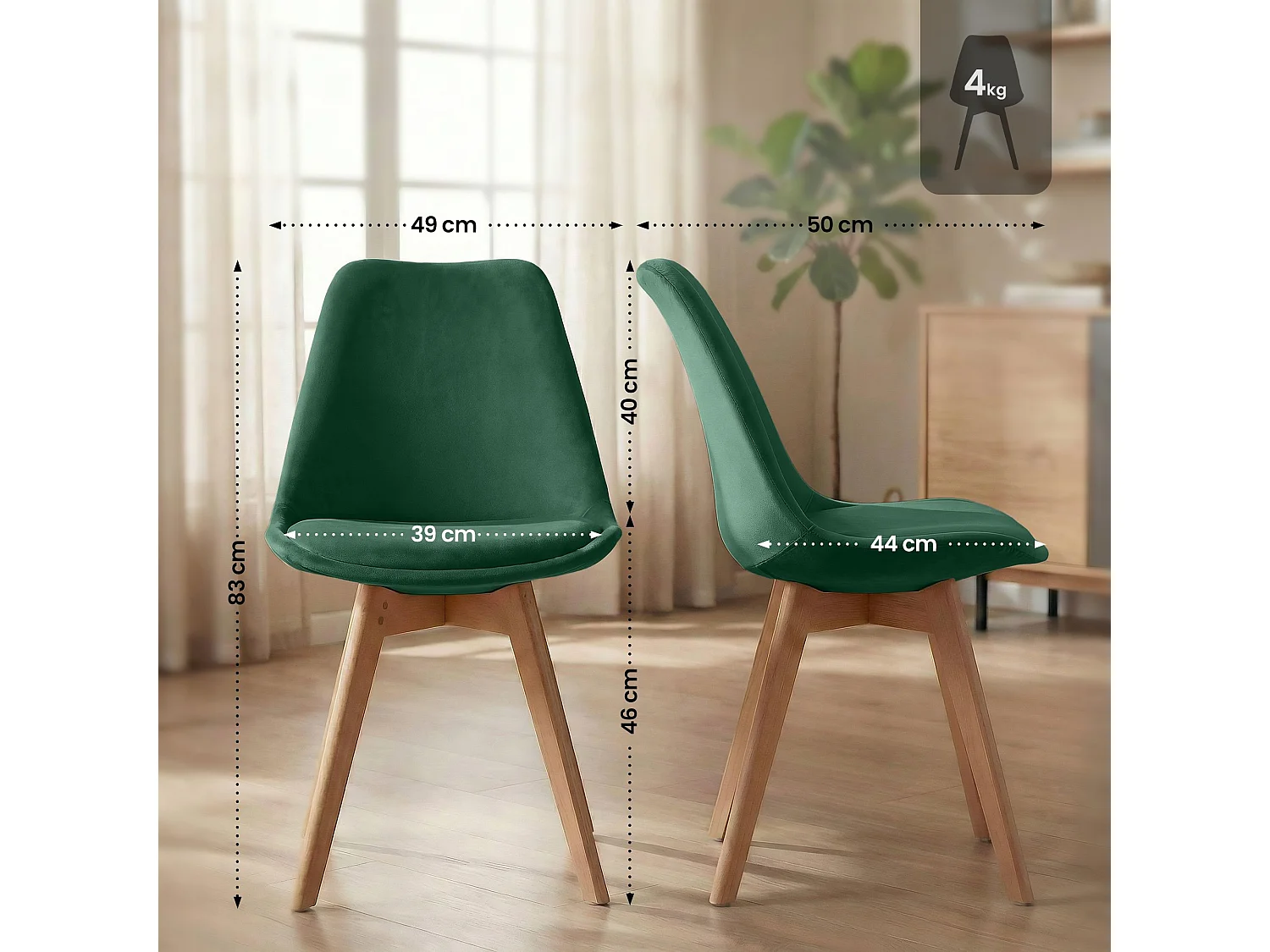 Lot de 4  chaise salle à manger - Velours - Vert - Linares