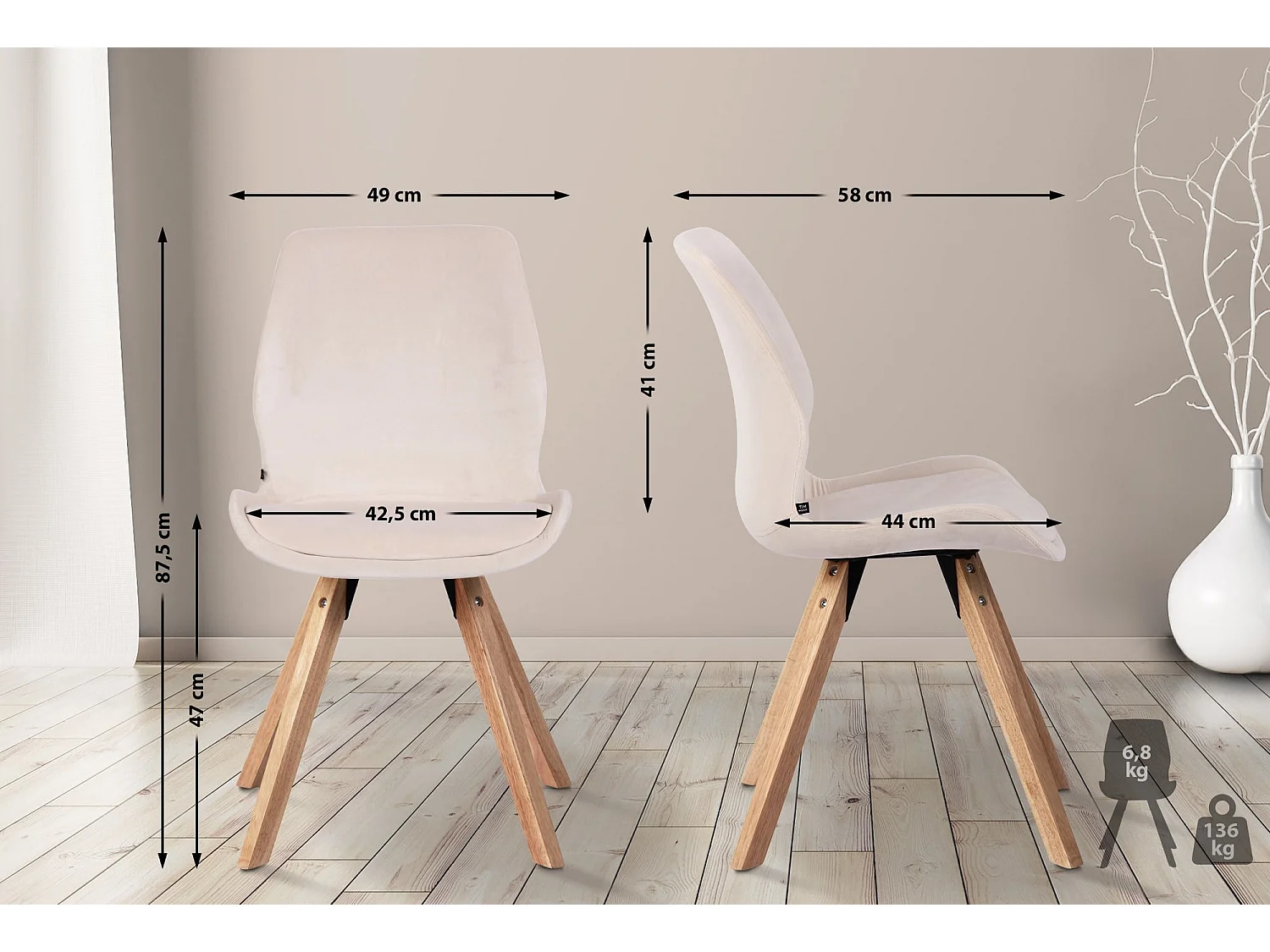 Lot de 4  chaise salle à manger - Velours - Crème - Luna