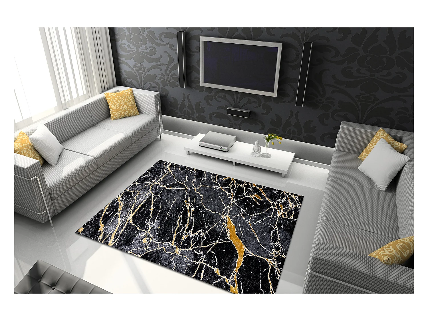 Tapijt GLOSS modern 529A 82 marmeren , steen, stijlvol, glamour zwart  200x290 cm