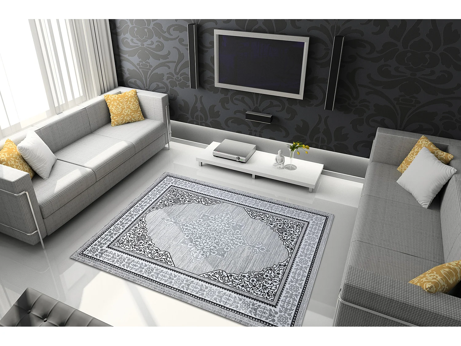 Tapijt GLOSS modern 8490 52 Ornament, stijlvol, kader ivoor / grijskle 140x190 cm