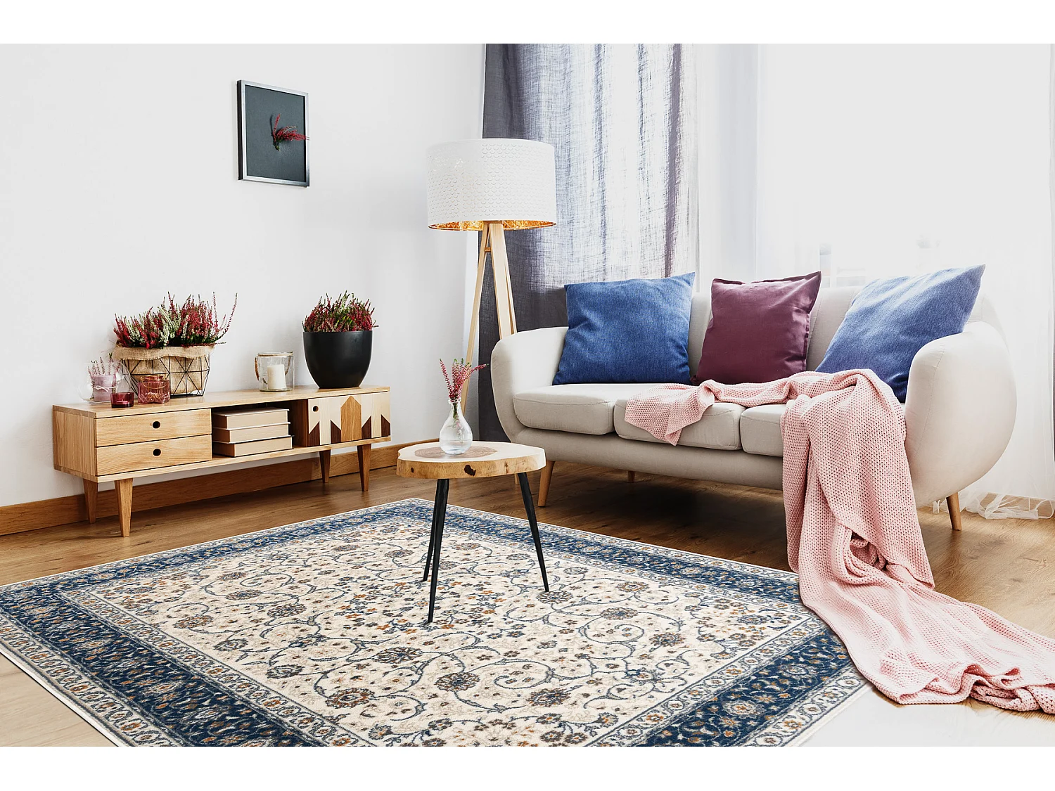 Tapijt NAIN Frame ornament 7179/51913 beige / marineblauw 240x340 cm