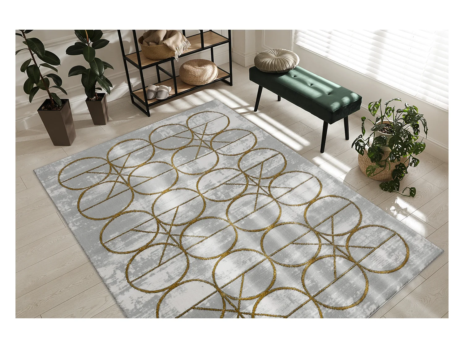 Tapis EMERALD exclusif 1010 glamour, élégant cercles crème / or 140x190 cm