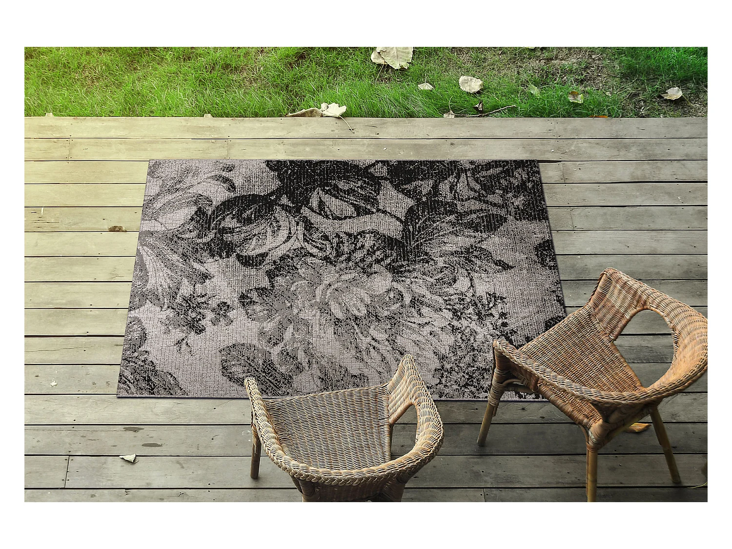 TAPIS EN CORDE SIZAL FLOORLUX 20491 FLEURS argentin / noir 160x230 cm