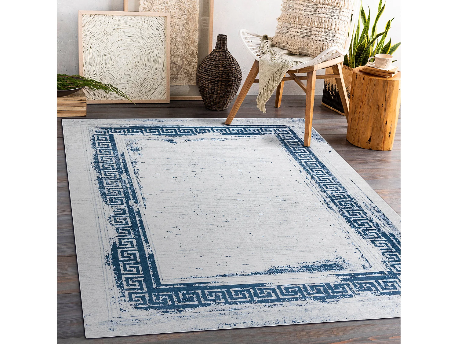 ANDRE 1213 tapijt wasbaar Grieks vintage antislip - wit / blauw 80x150 cm