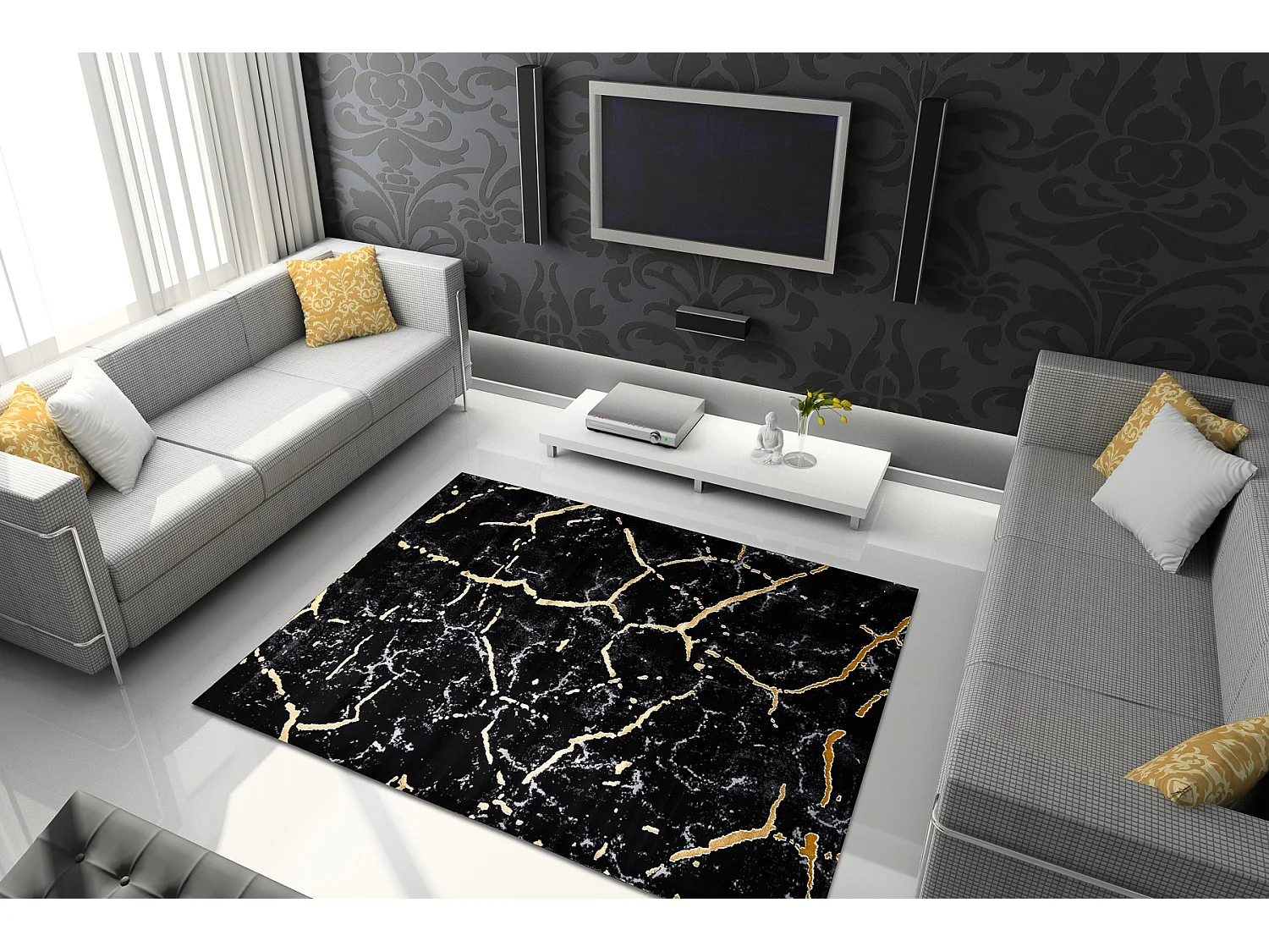 Tapijt GLOSS modern 410A 86 marmeren , steen, stijlvol, glamour zwart  140x190 cm