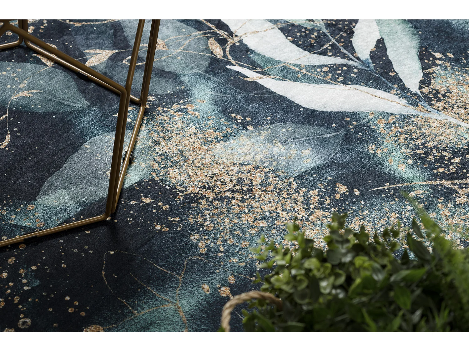 Tapis lavable ANDRE 1336 Feuilles antidérapant - noir / turquoise 120x170 cm