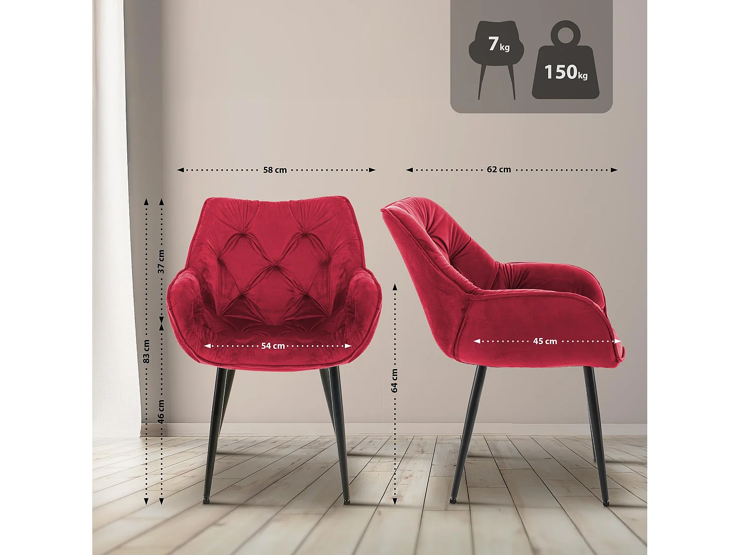 4er Set Stuhl mit Armlehnen - Samt & schwarz - rot - Tanna