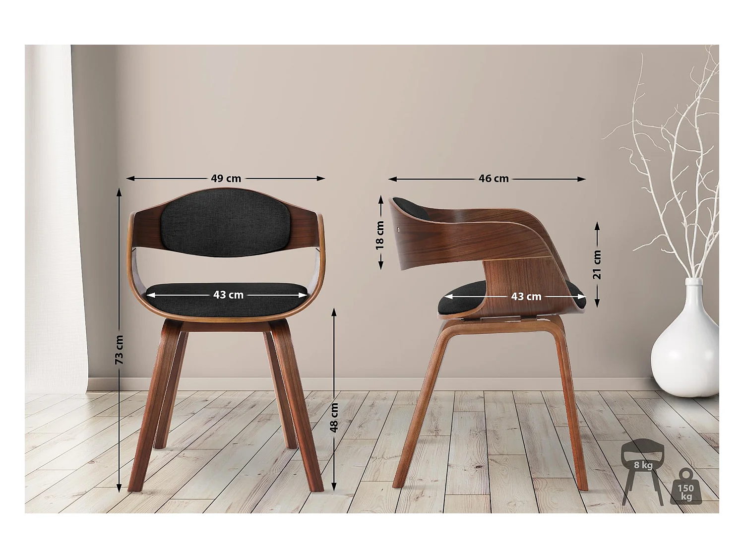 chaises avec accoudoirs - Tissu - Noyer / Gris foncé - Kingston