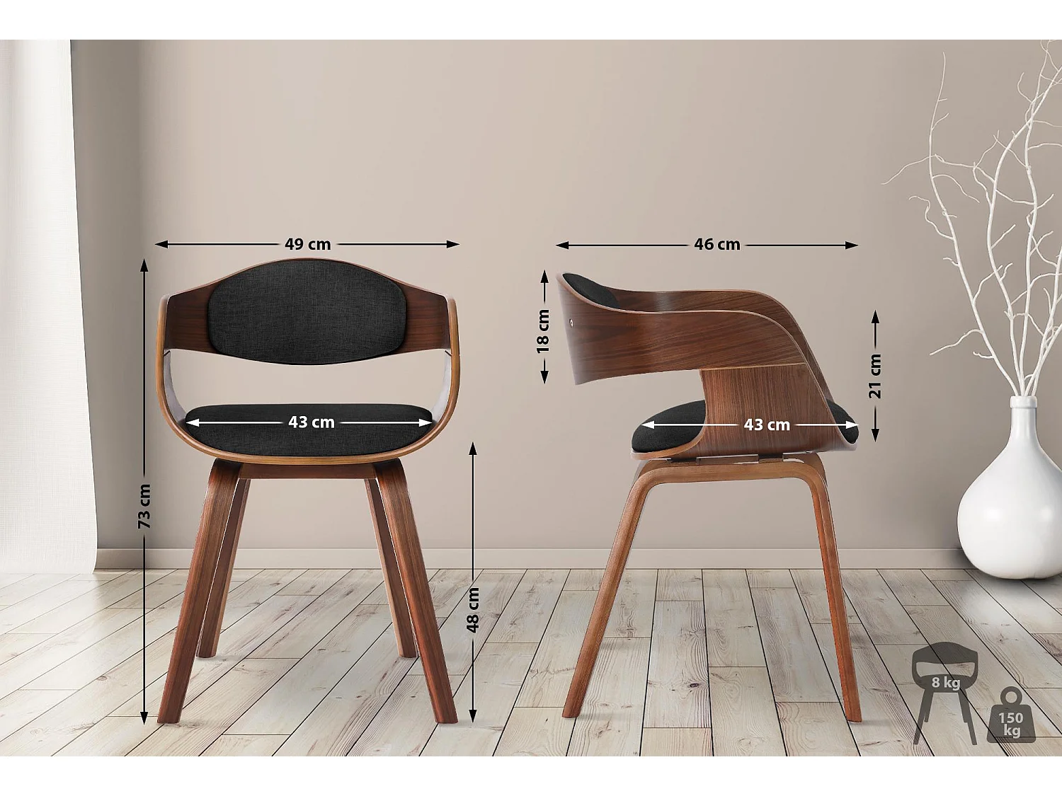 chaises avec accoudoirs - Tissu - Noyer / Gris foncé - Kingston