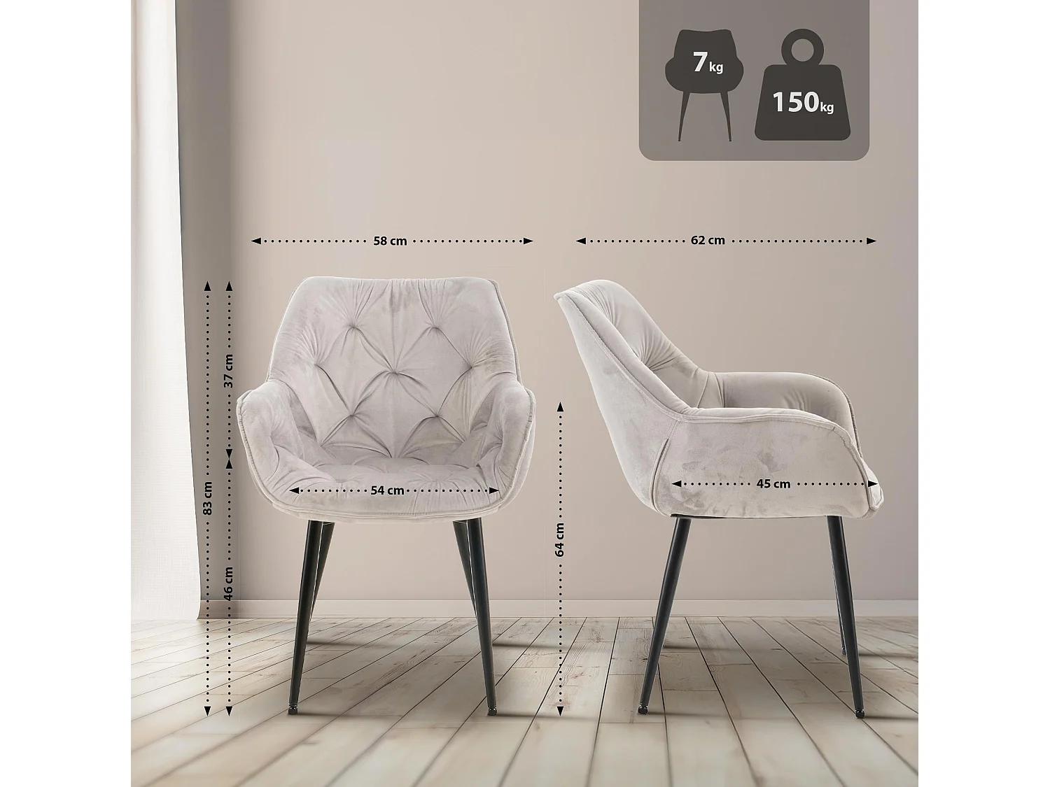 chaises avec accoudoirs - Velours & Noir - Gris - Tanna