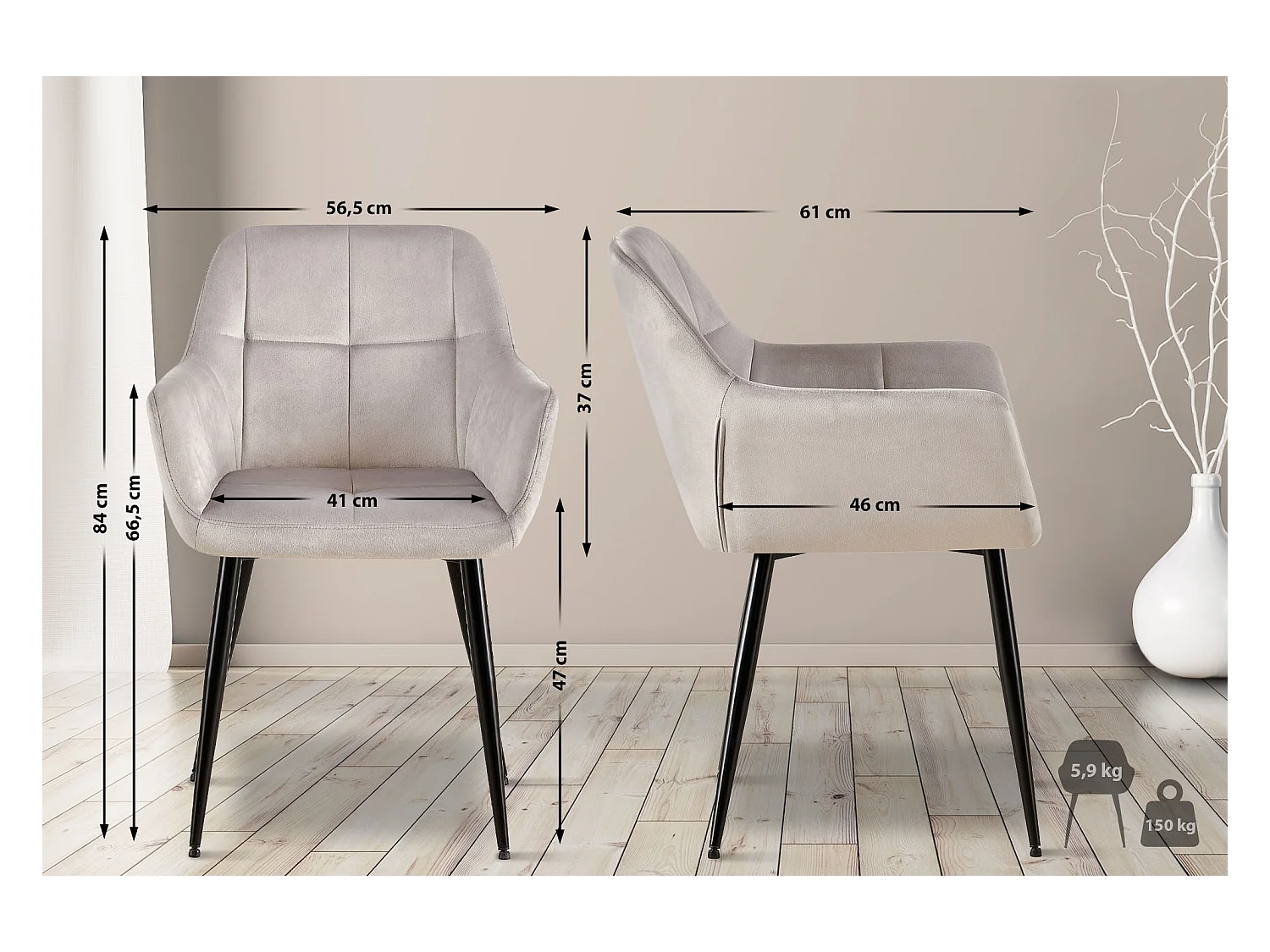 Sedia con braccioli - Velluto - grigio chiaro - Emia