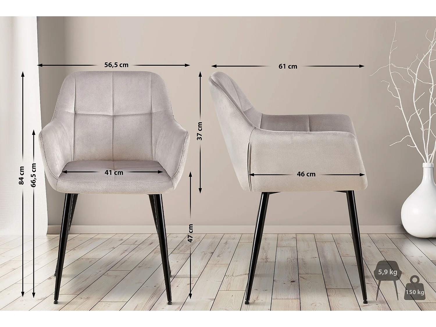 chaises avec accoudoirs - Velours - Gris clair - Emia