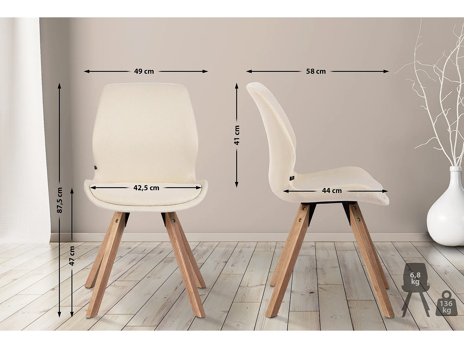 Lot de 4 Chaise de salle à manger - Tissu & Bois - Crème - Luna