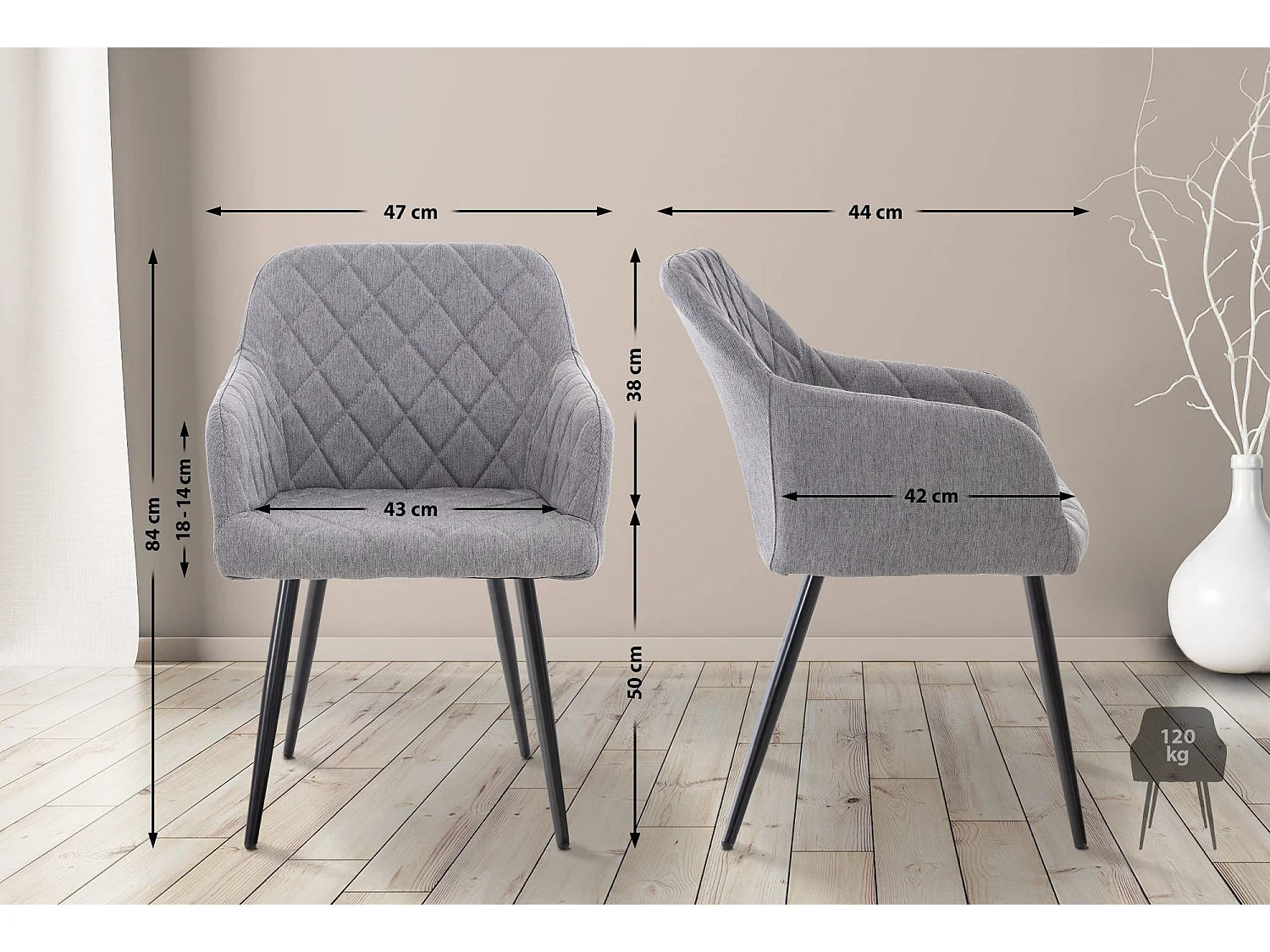 Lot de 2  chaises avec accoudoirs - Tissu - Gris - Shila