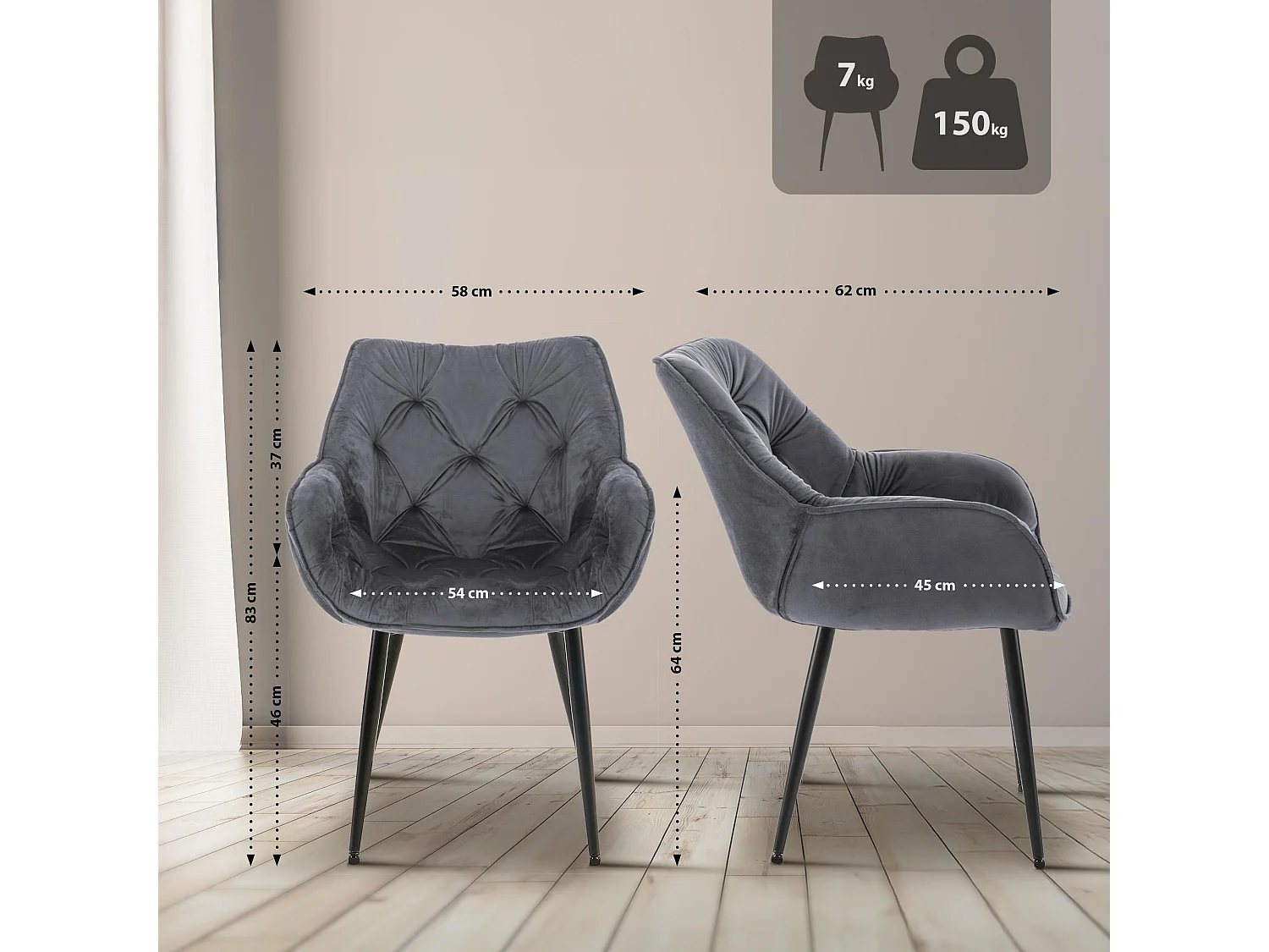 Lot de 4  chaises avec accoudoirs - Velours - Gris foncé - Tanna