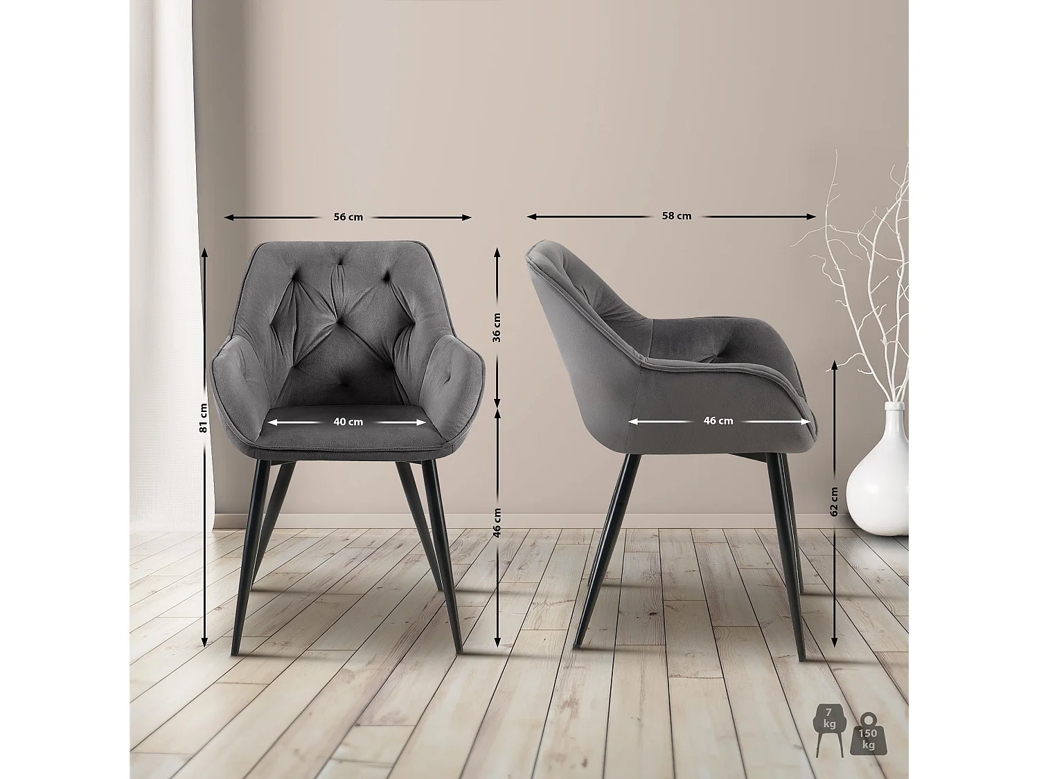 chaises avec accoudoirs - Velours - Gris foncé - Cassis