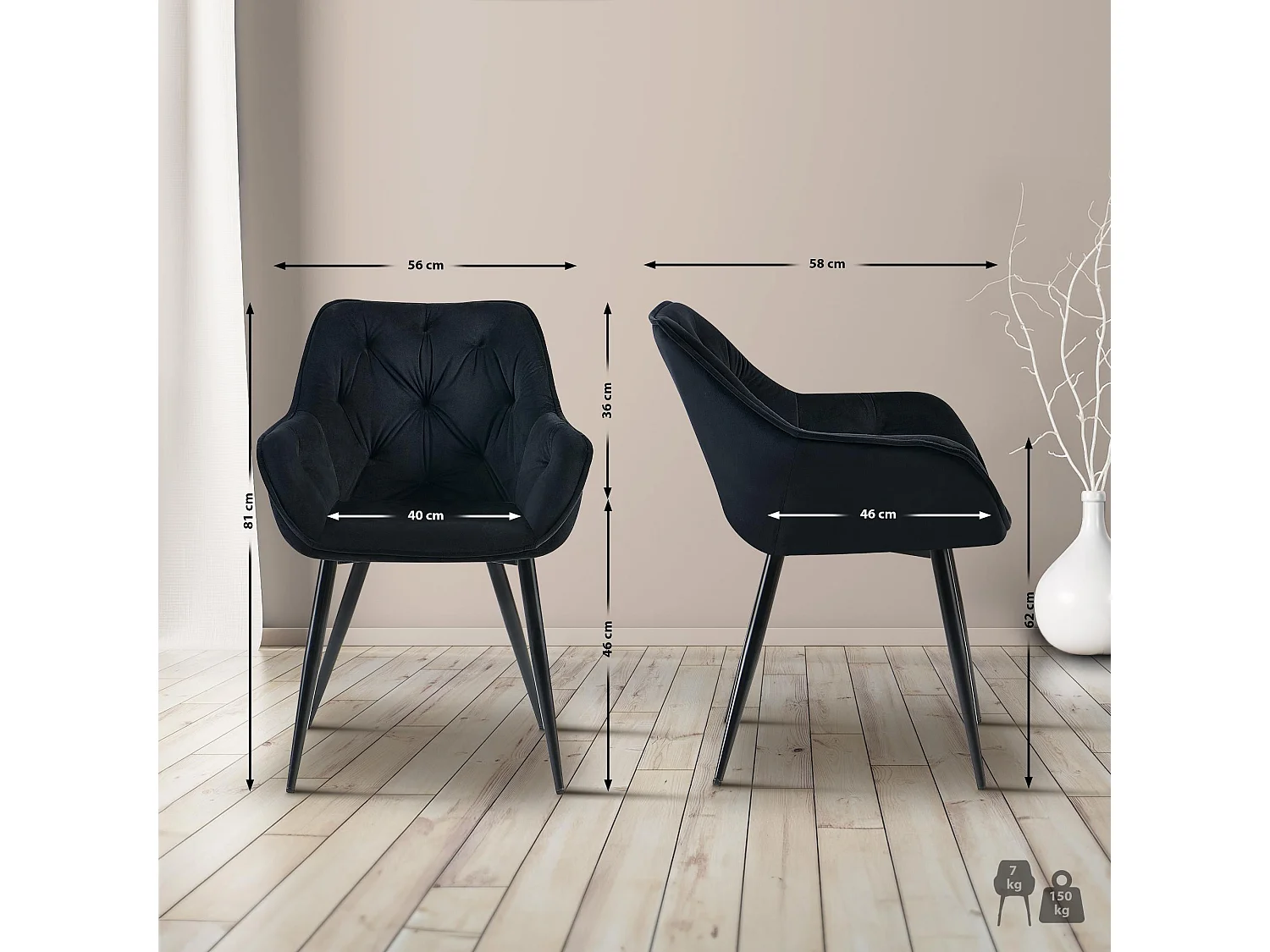 Set De 2  Silla con reposabrazos - Terciopelo - Negro - Cassis