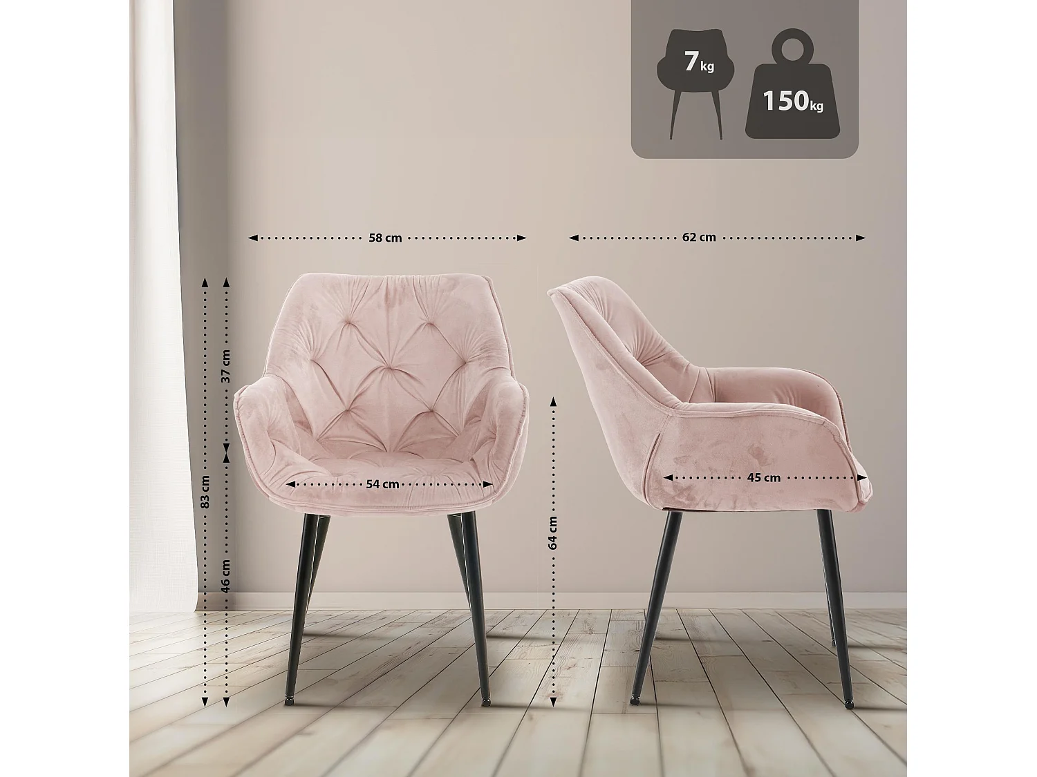 chaises avec accoudoirs - Velours - Rose - Tanna