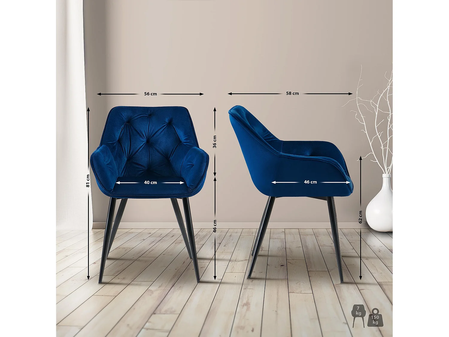 Lot de 2  chaises avec accoudoirs - Velours - Bleu - Cassis