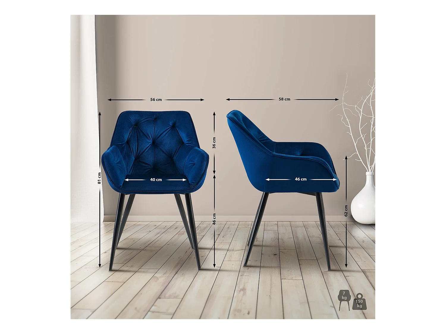 Set De 2  Silla con reposabrazos - Terciopelo - Azul - Cassis