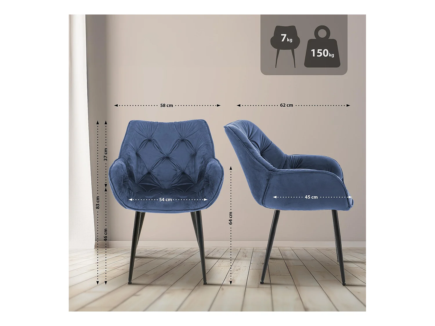 Set van 4  Stoel met armleuningen - Fluweel - blauw - Tanna