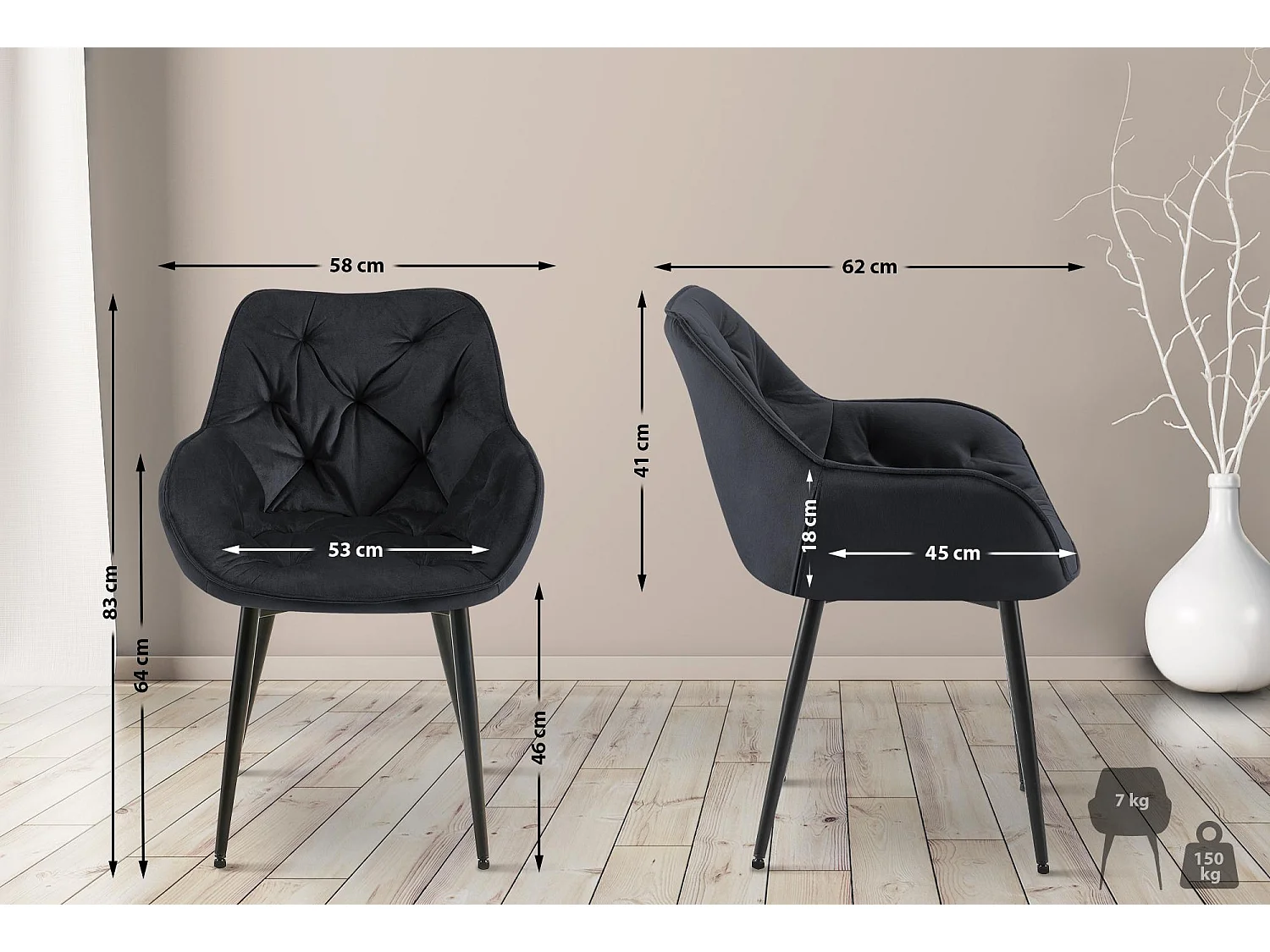 chaises avec accoudoirs - Velours - Noir - Tanna