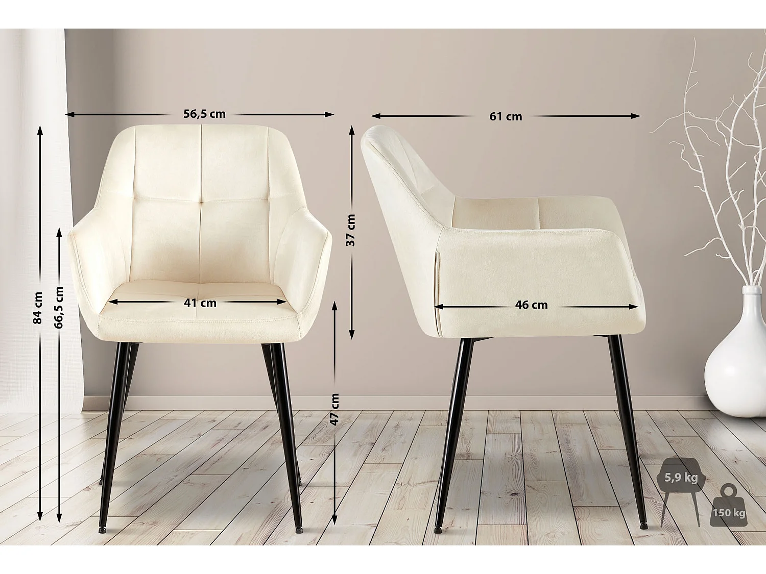 chaises avec accoudoirs - Velours - Crème - Emia