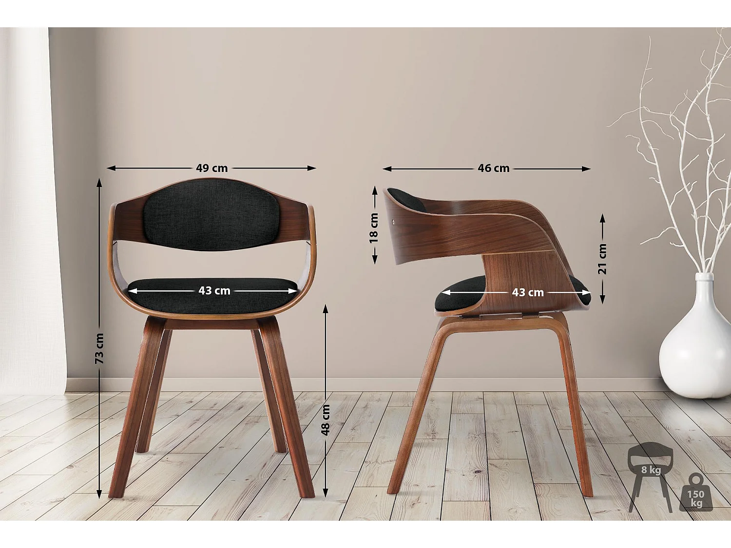 chaises avec accoudoirs - Tissu - Noyer / Noir - Kingston