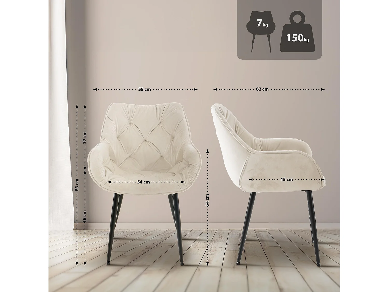 chaises avec accoudoirs - Velours - Crème - Tanna