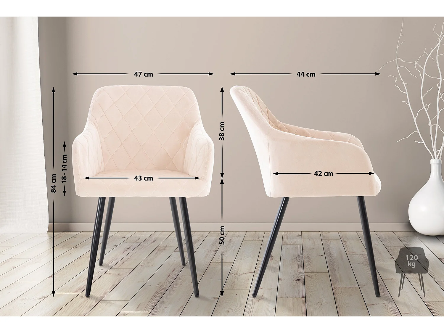 Lot de 2  chaises avec accoudoirs - Velours - Beige - Shila