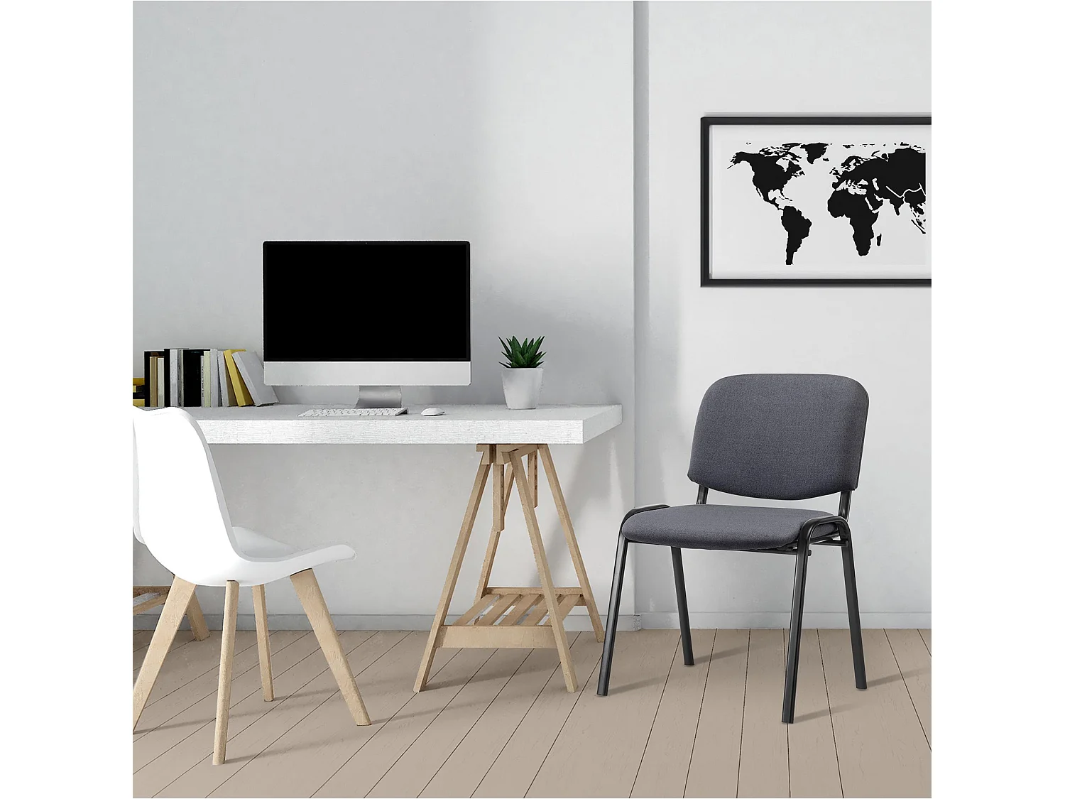 Chaise de conférence - Tissu & Métal noir mat - Gris - Ken