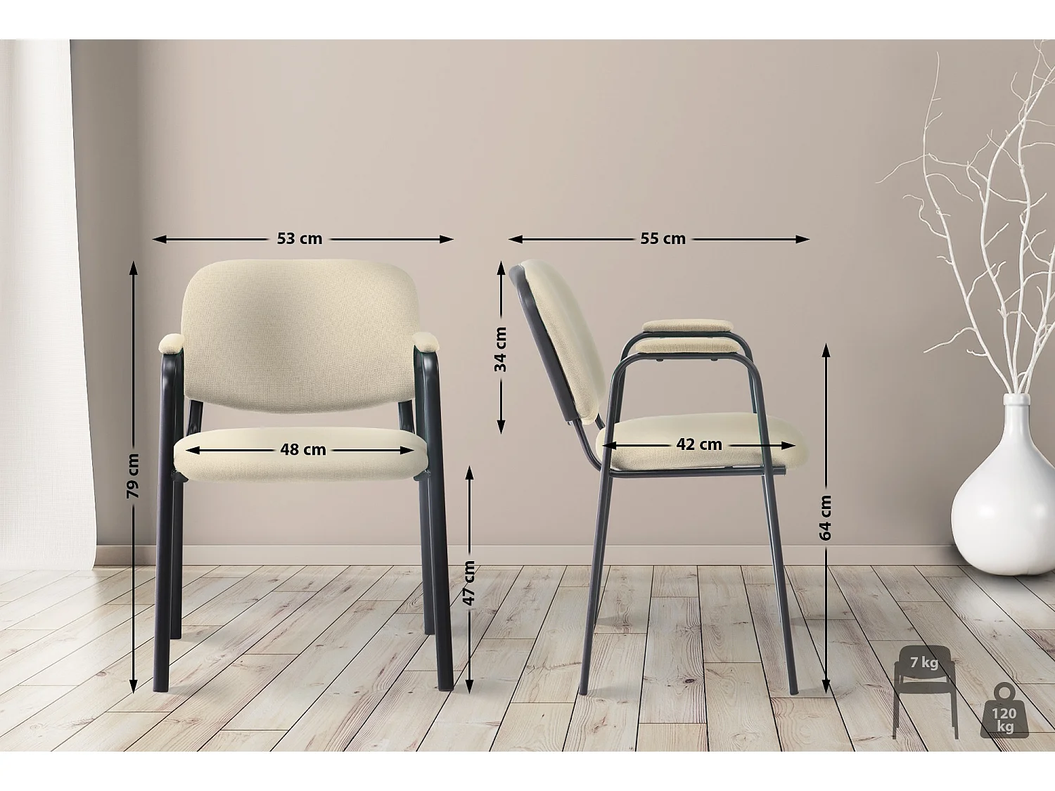 Chaise de conférence - Tissu & Métal noir mat - Crème - Ken Pro