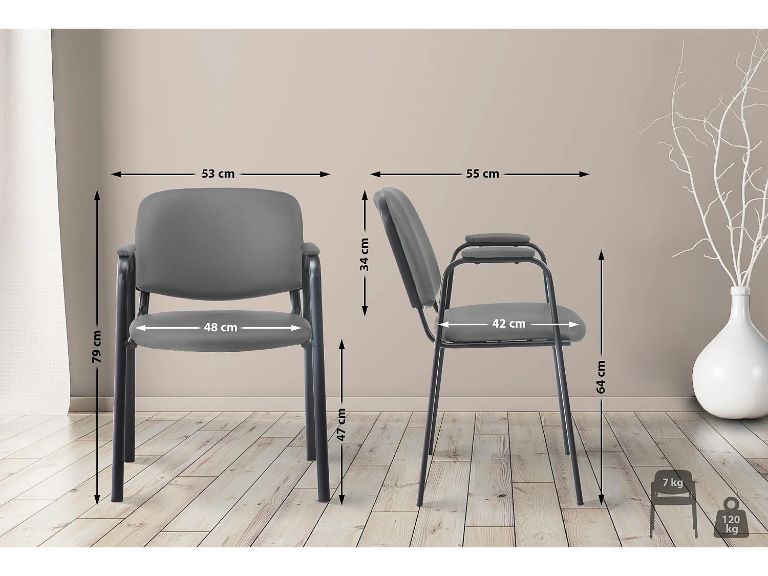 Chaise de conférence - Similicuir & Métal noir mat - Gris - Ken Pro