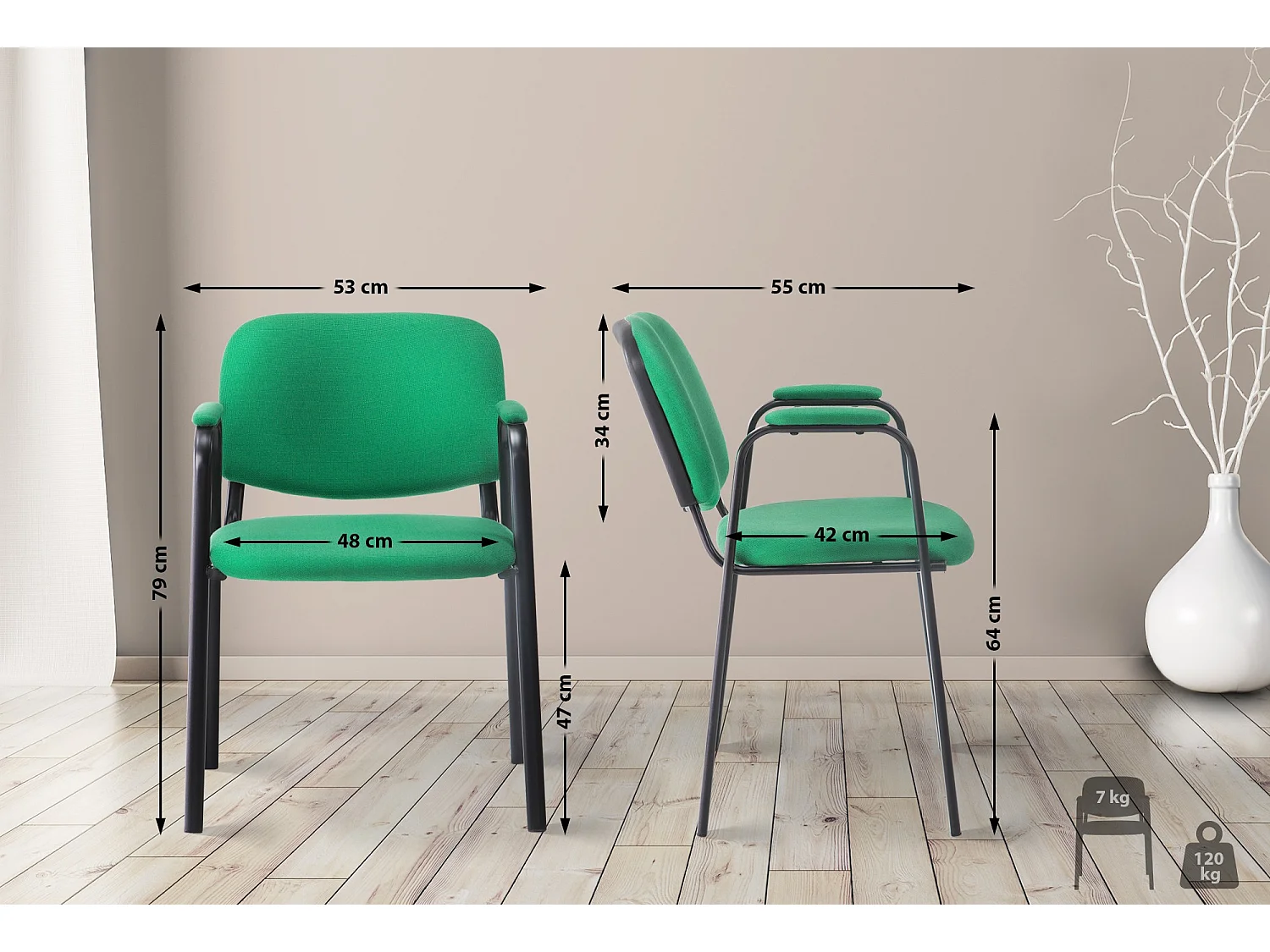 Chaise de conférence - Tissu & Métal noir mat - Vert - Ken Pro