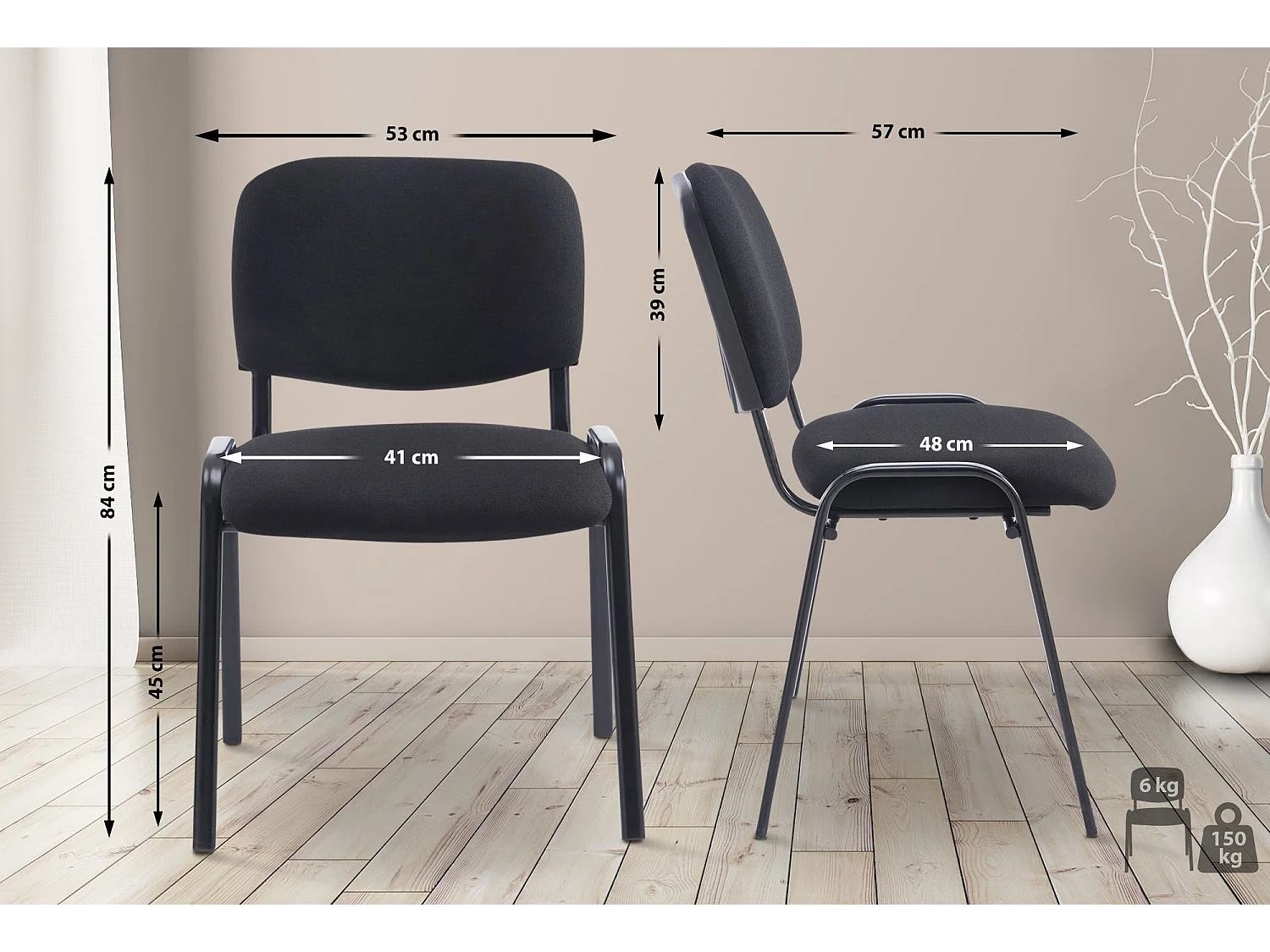 Chaise de conférence - Tissu & Métal noir mat - Noir - XL Ken