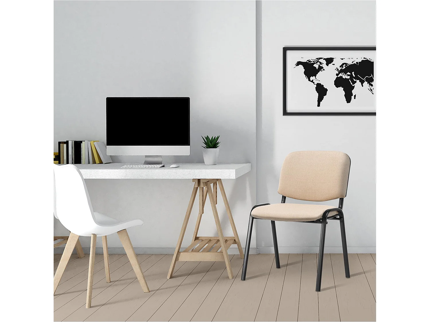 Chaise de conférence - Tissu & Métal noir mat - Crème - Ken