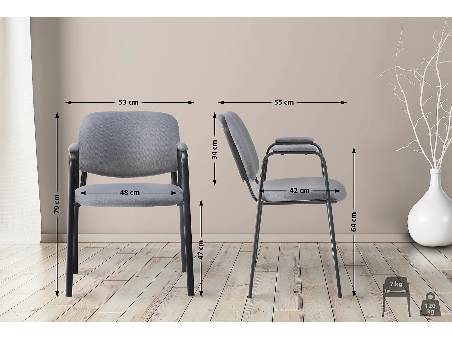 Chaise de conférence - Tissu & Métal noir mat - Gris - Ken Pro