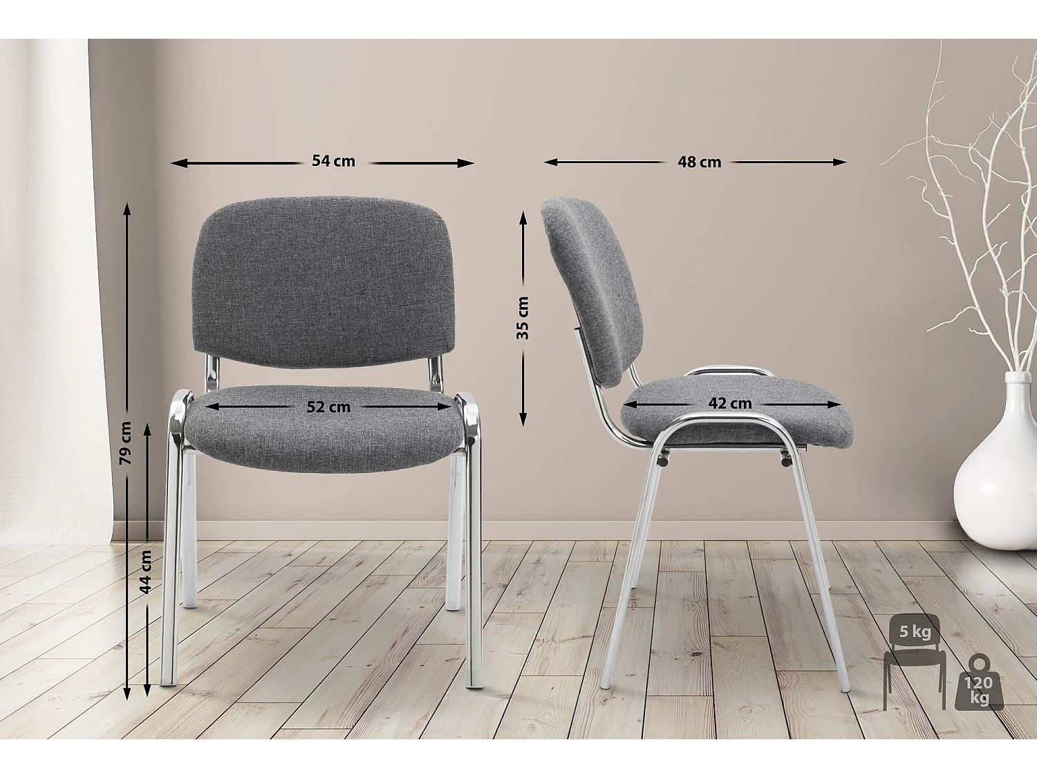 Chaise de salle à manger - Tissu & Métal chromé - Gris - Ken