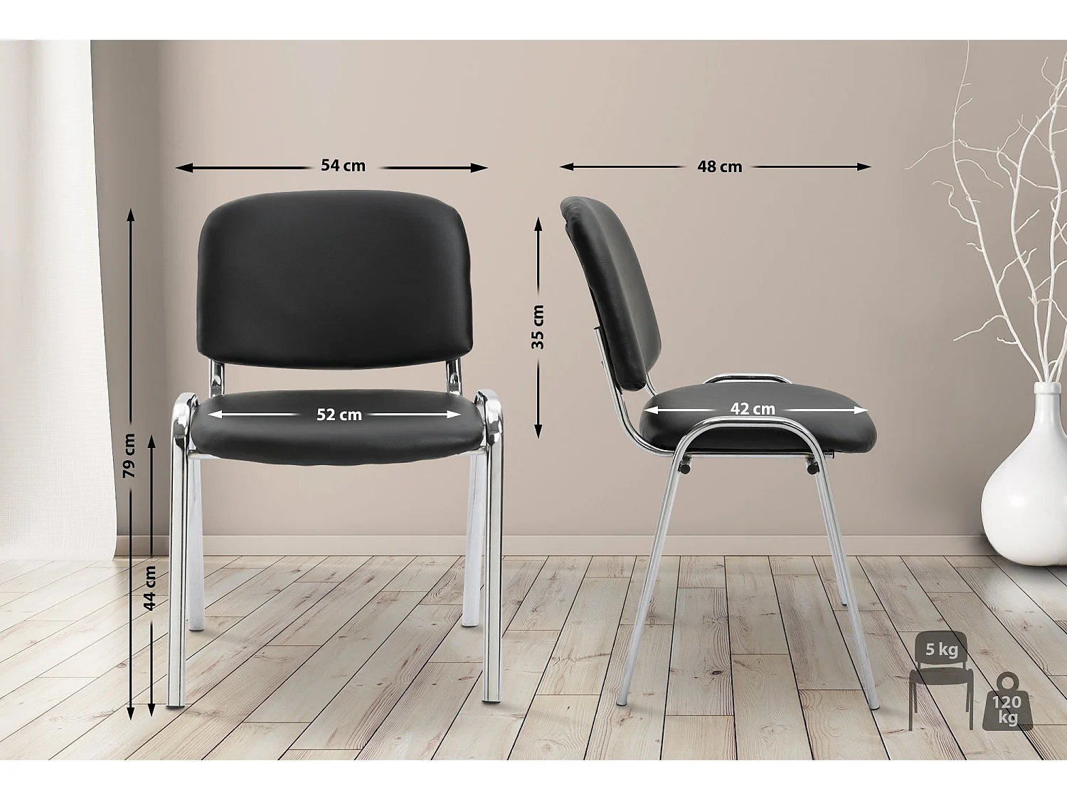 Chaise de salle à manger - Similicuir & Métal chromé - Noir - Ken