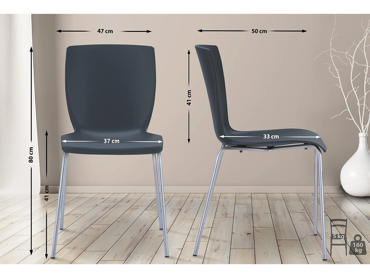 Chaise de conférence - Plastique & Acier inoxydable - Noir - Mio