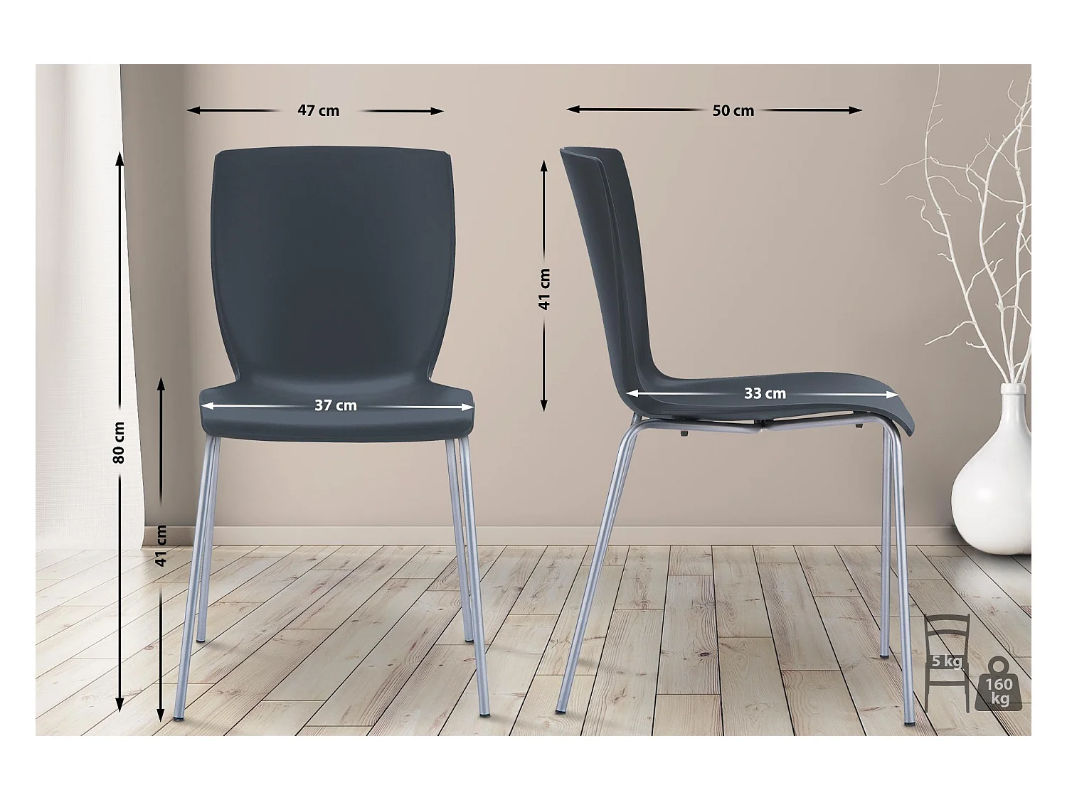 Chaise de conférence - Plastique & Acier inoxydable - Noir - Mio