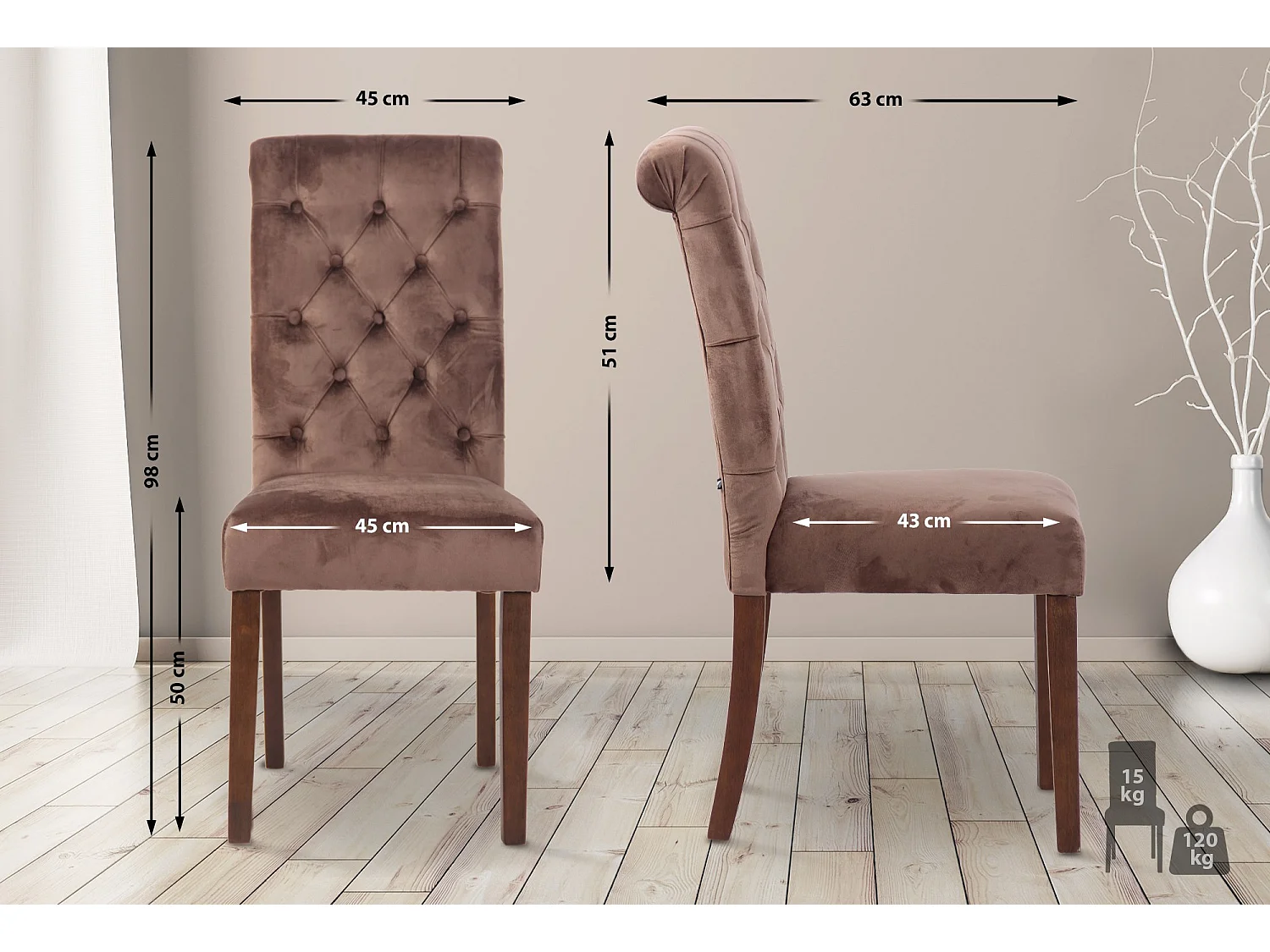 Lot de 2  chaise salle à manger - Velours - Marron - Lisburn