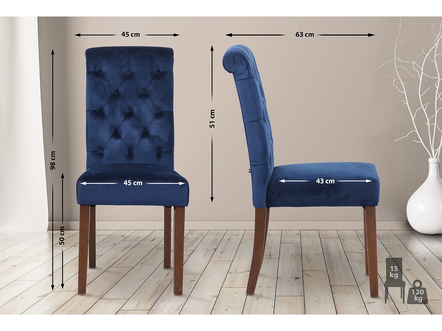 Lot de 2  chaise salle à manger - Velours - Bleu - Lisburn