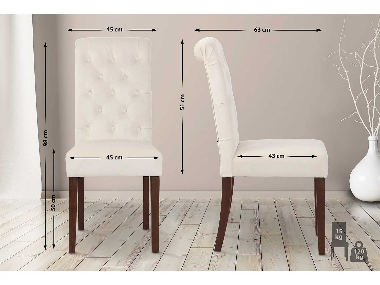 Lot de 2  chaise salle à manger - Velours - Crème - Lisburn