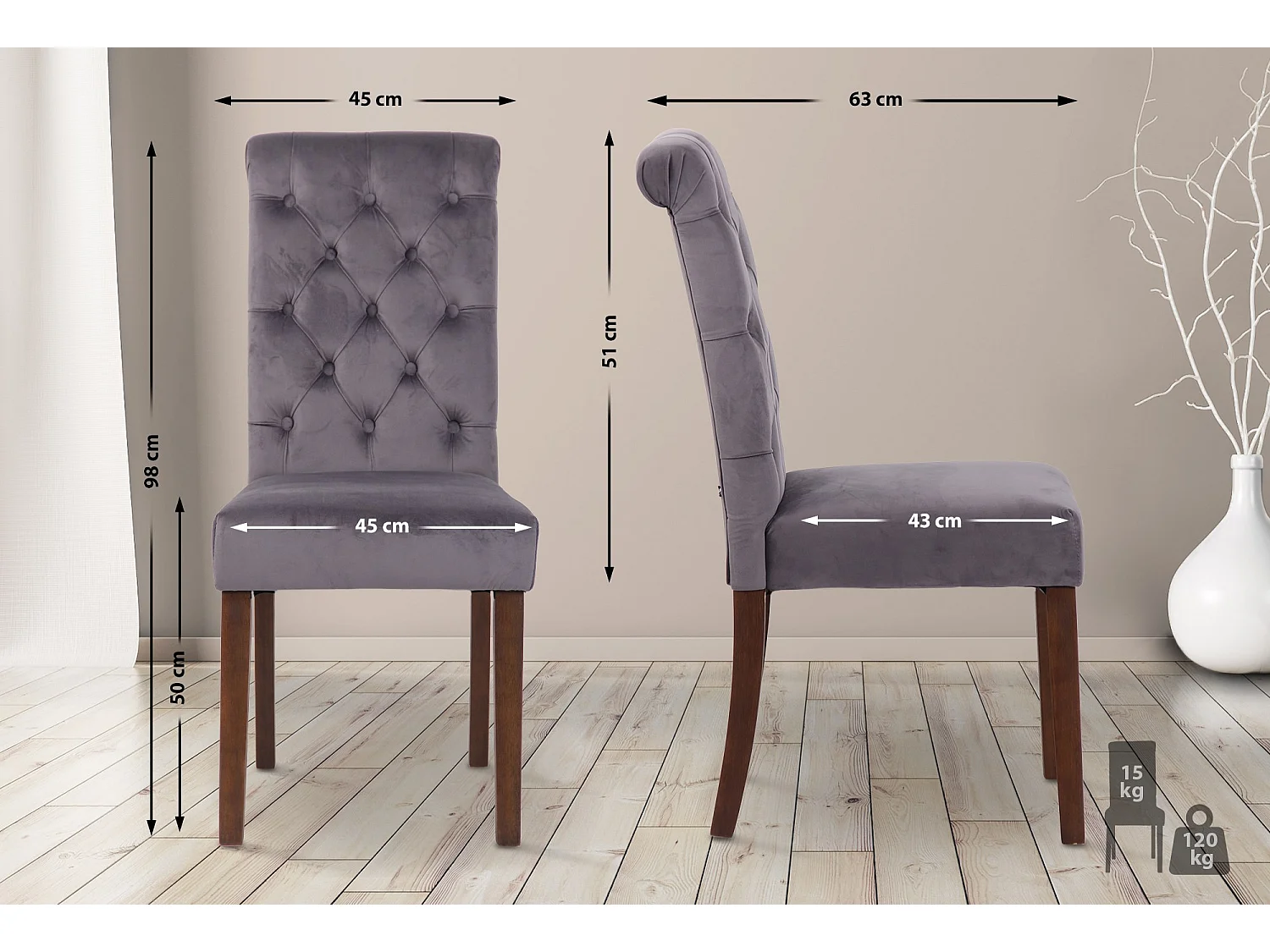 Lot de 2  chaise salle à manger - Velours - Gris foncé - Lisburn
