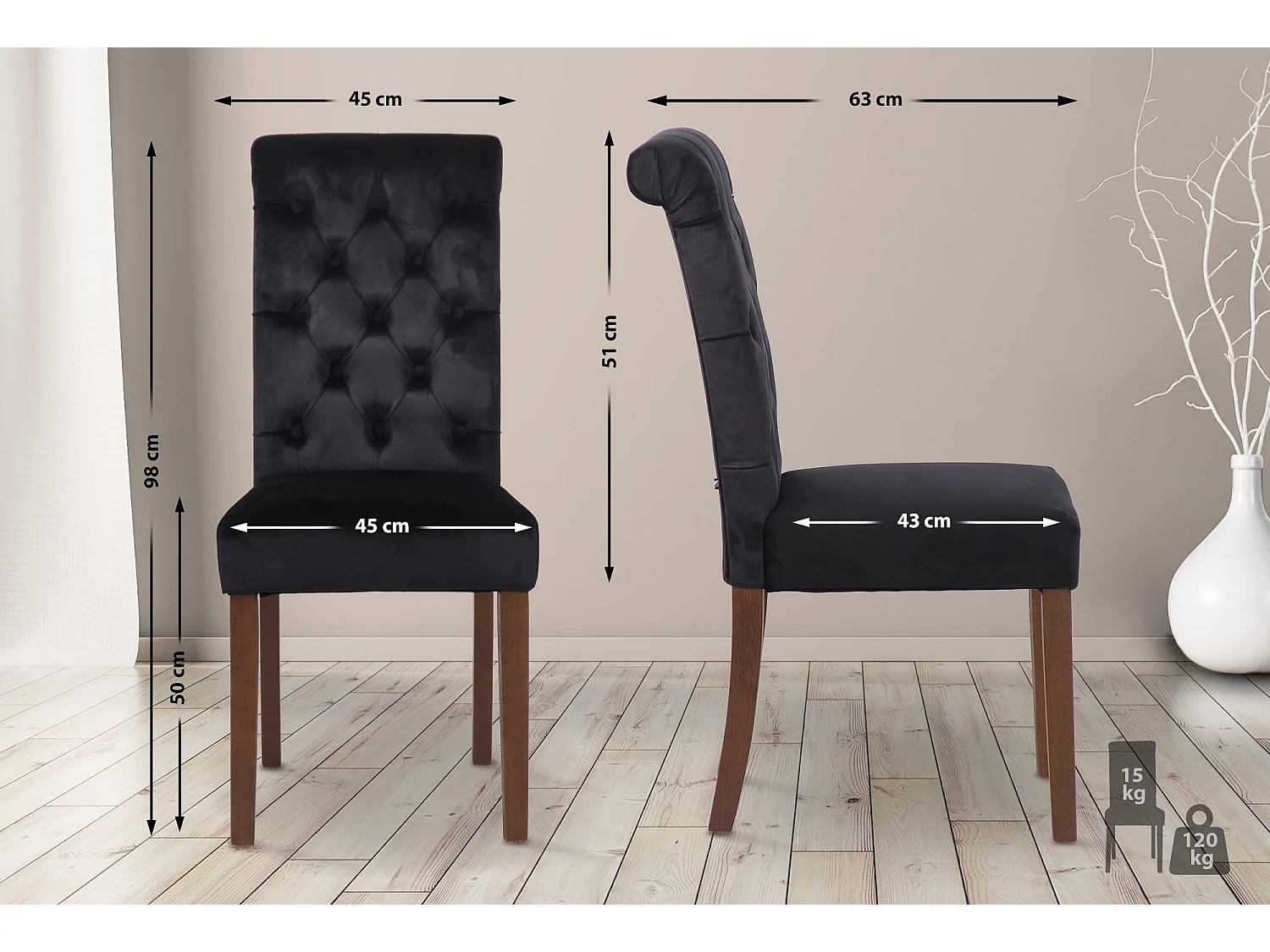 Lot de 2  chaise salle à manger - Velours - Noir - Lisburn