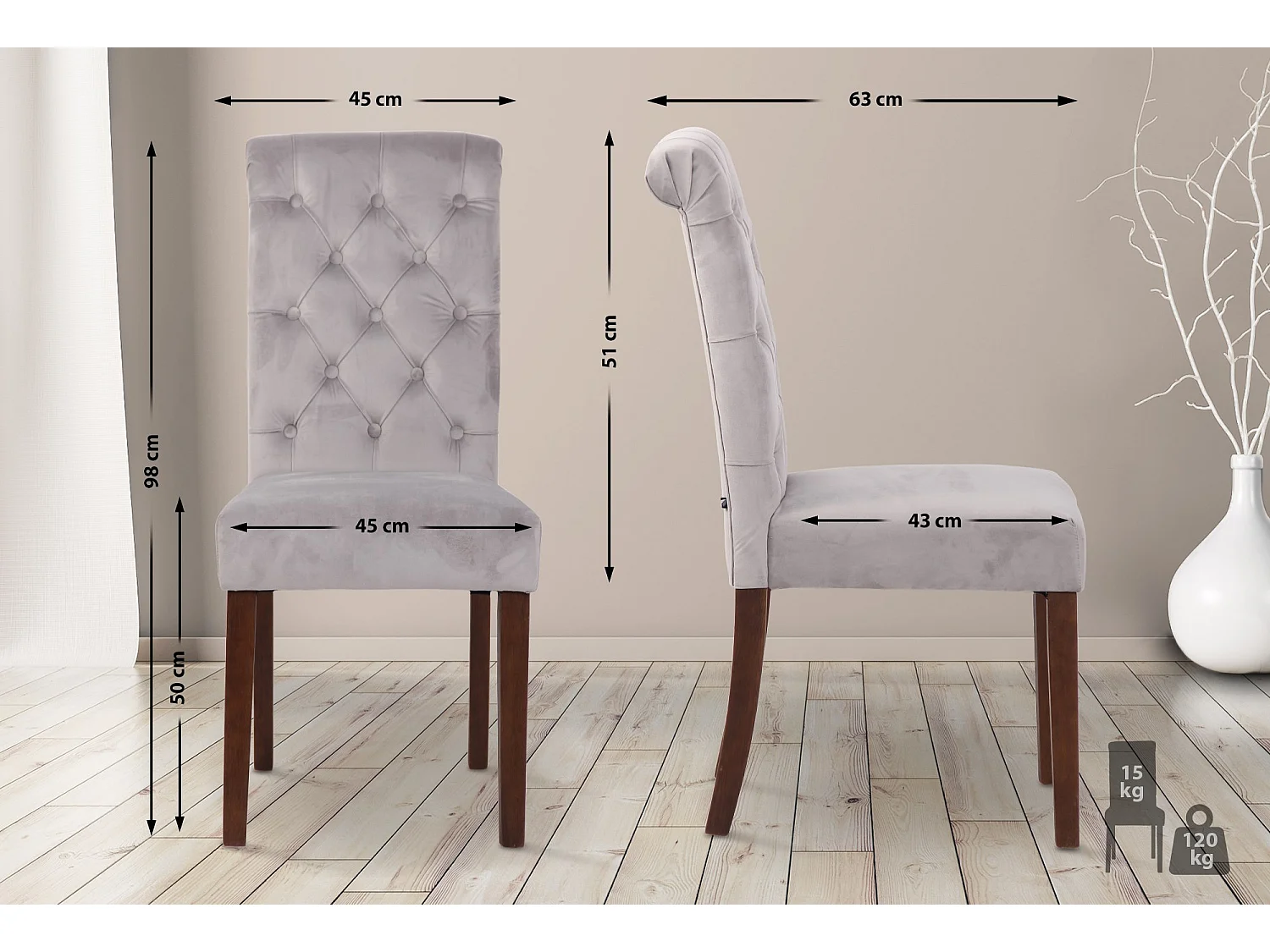 Lot de 2  chaise salle à manger - Velours - Gris - Lisburn