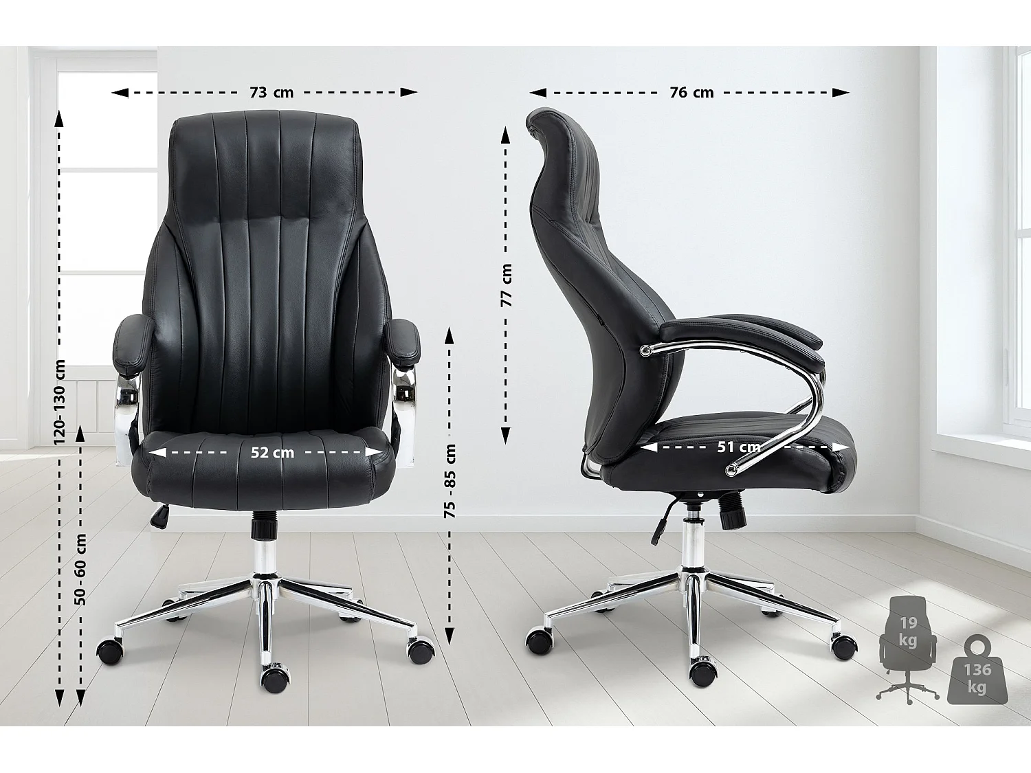 Chaise de bureau - Véritable cuir & Métal chromé - Noir - Wigan